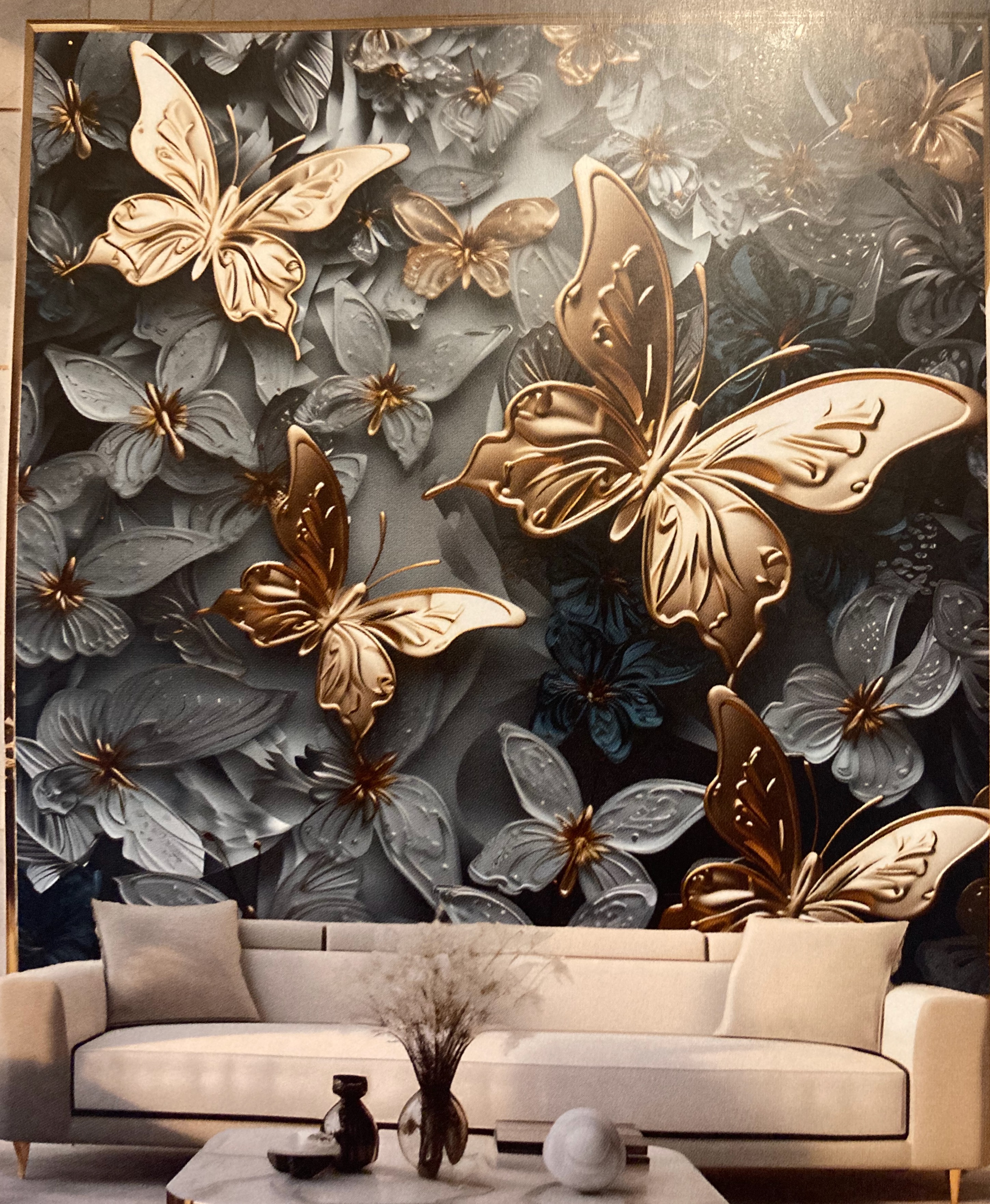 large gold butterfiles mural